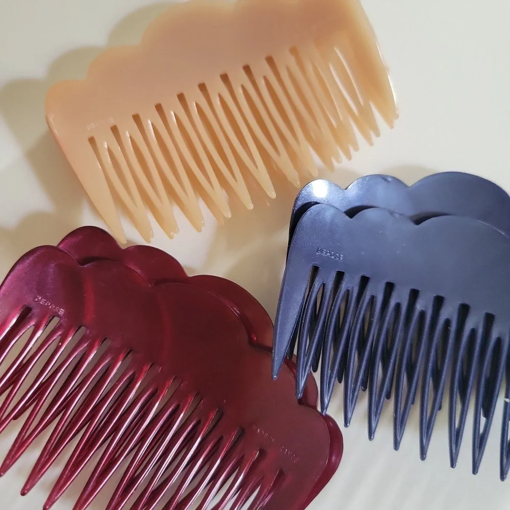 Depose French Hair Side Combs Set of 6 Scalloped‎ Plastic Burgandy Blue Tan